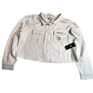 NHL Penguins Gray Polo Shirt Cotton Blend Size L/G Long Sleeves Button Cuffs